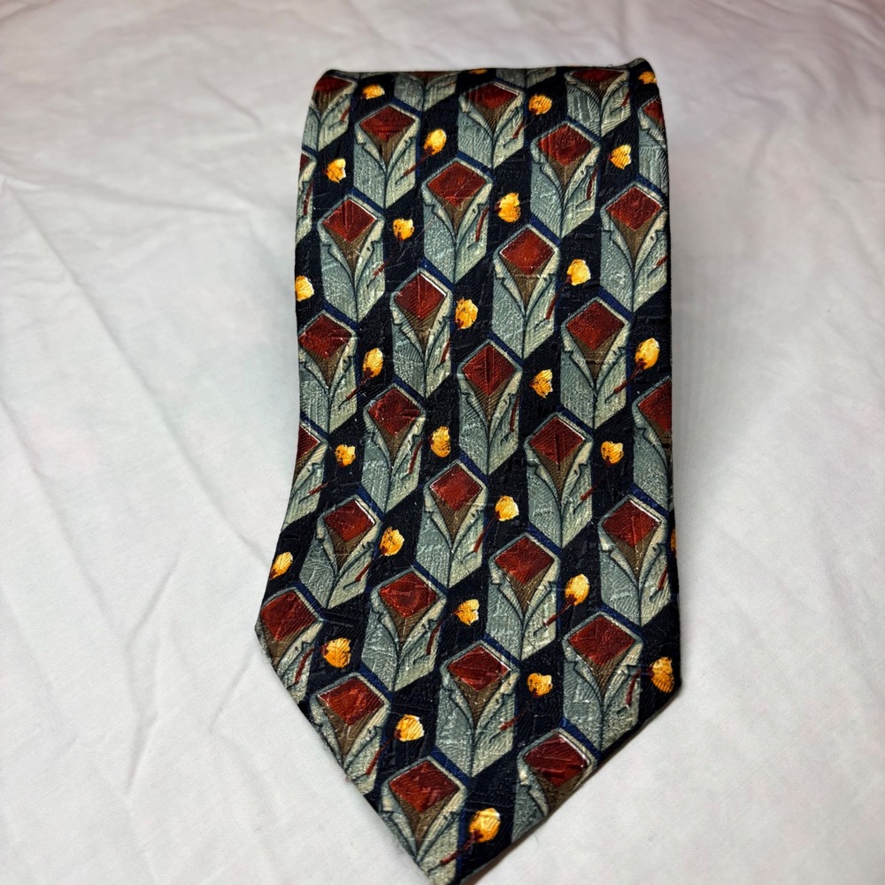 Ermenegildo Zegna Silk Tie Navy Burgundy Gold Geometric Diamond Made in Italy